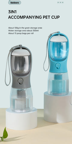 Pet Multifunctional Water Bottle 3 in 1 Portable Pet Water Bottle with Food Container and poop bag